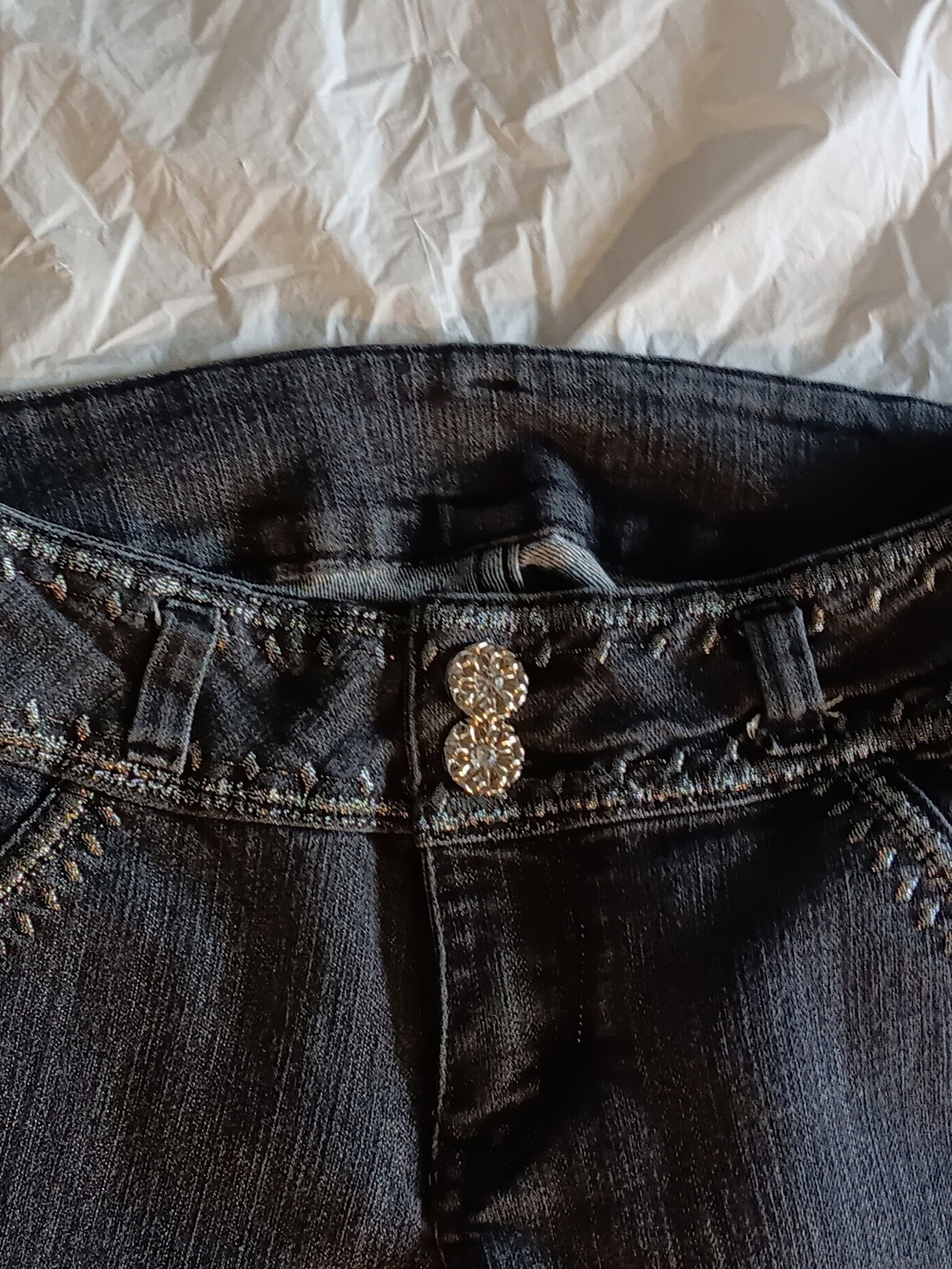 NEW Women's Skinny Charcoal Jeans w/ Rhinestone Buttons, Silver Trim, Med. Rise - Picture 4 of 6